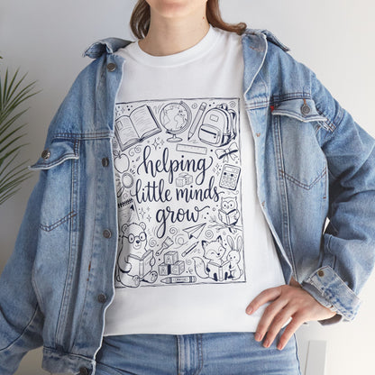 TEEZOCA White T-Shirt with black and white back to school teacher design featuring “helping little minds grow” and school doodles 
