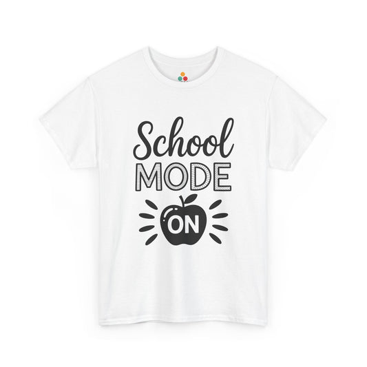 TEEZOCA White t-shirt with 'School Mode On' text and apple graphic on a white background