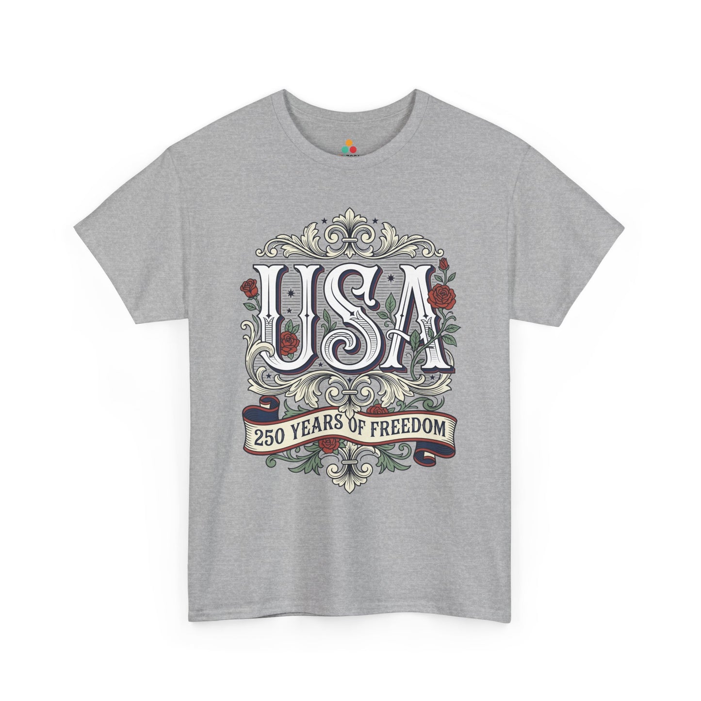 TEEZOCA Women’s Patriotic Shirt T-shirt with classic USA typography, floral accents, and heritage Americana artwork.
