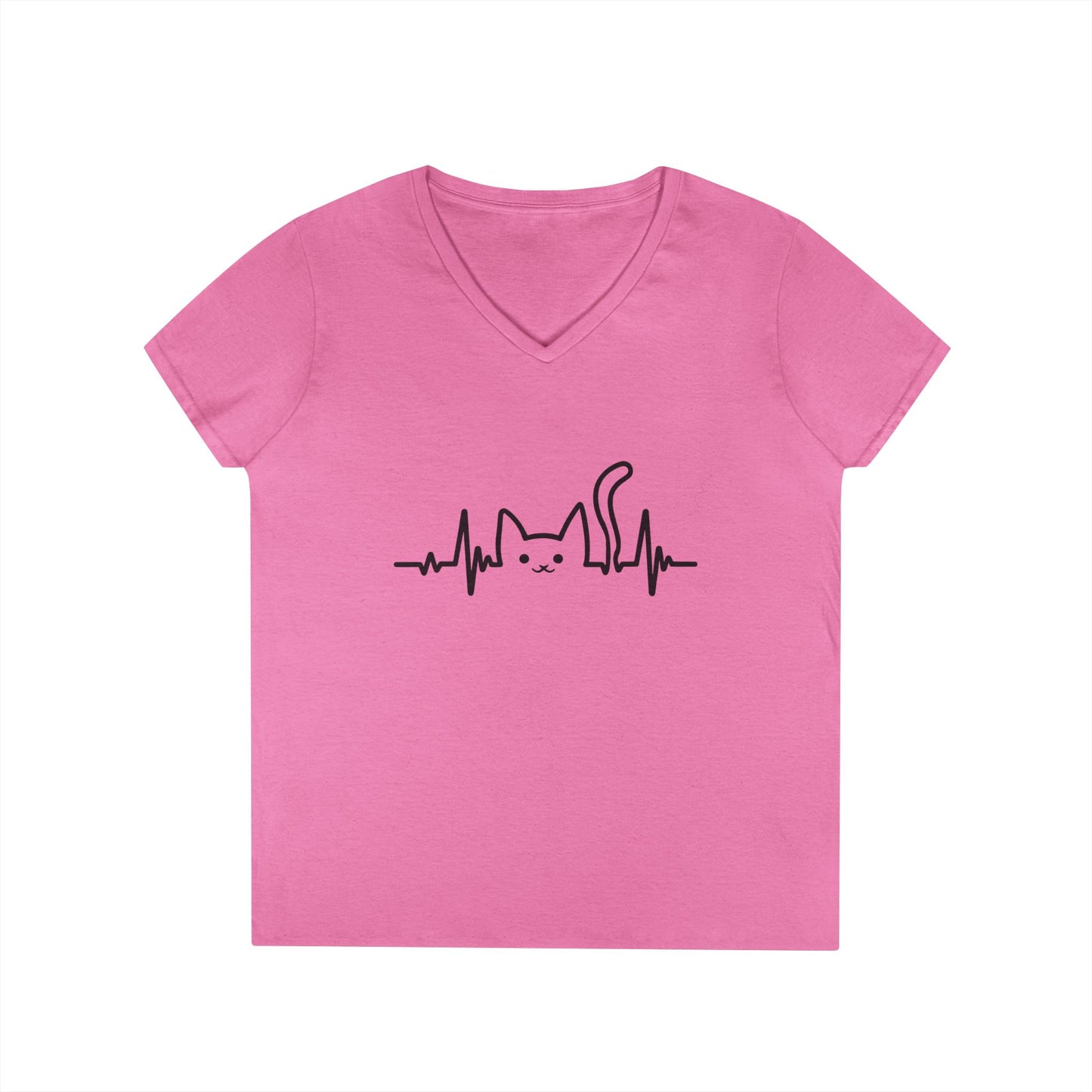 Abstract Cat Heartbeat V-Neck T-Shirt Minimal Pet Lover Statement Tee | TEEZOCA 