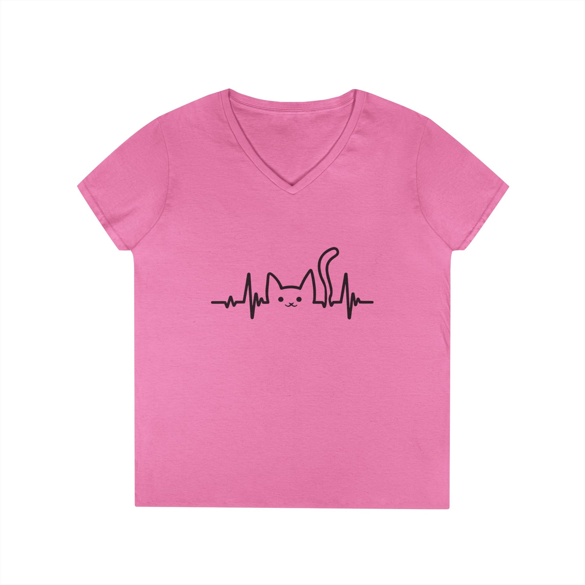 Abstract Cat Heartbeat V-Neck T-Shirt Minimal Pet Lover Statement Tee | TEEZOCA 