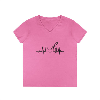 Abstract Cat Heartbeat V-Neck T-Shirt Minimal Pet Lover Statement Tee | TEEZOCA 