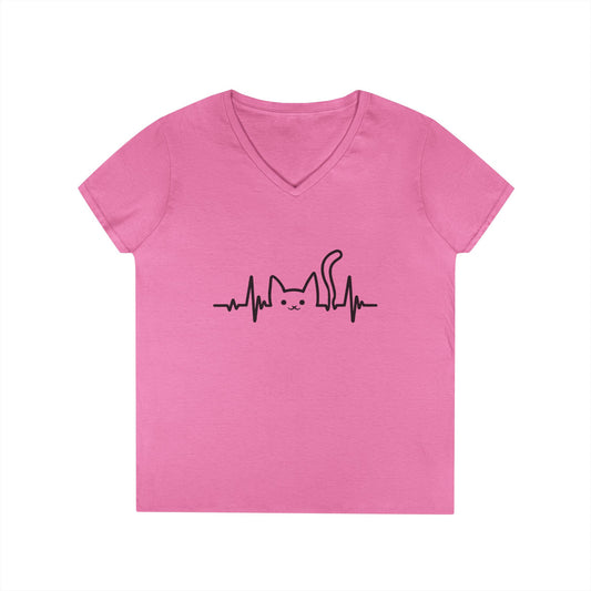 Abstract Cat Heartbeat V-Neck T-Shirt Minimal Pet Lover Statement Tee | TEEZOCA 
