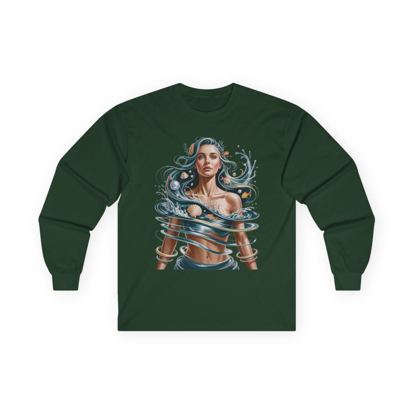 TEEZOCA abstract ocean inspired artwork unisex long-sleeve t-shirt Green long-sleeve shirt with a graphic design of a woman with flowing hair and waves on a white background
