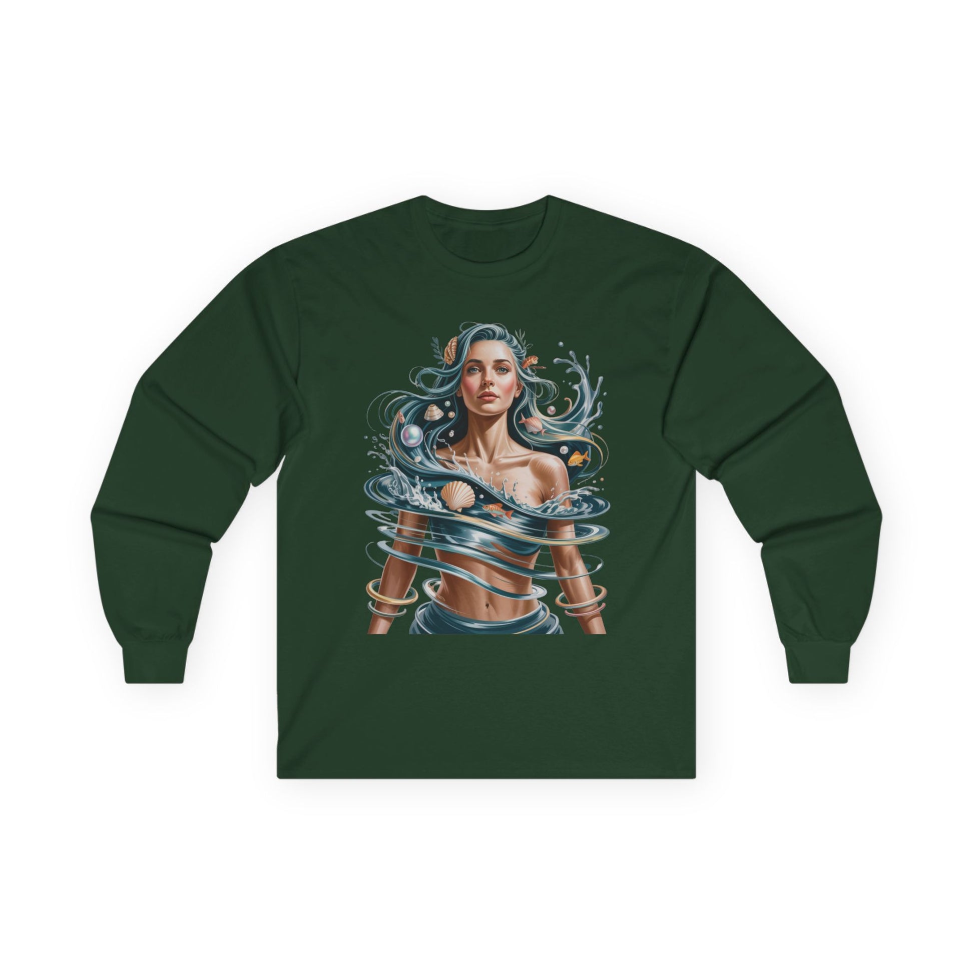 TEEZOCA abstract ocean inspired artwork unisex long-sleeve t-shirt Green long-sleeve shirt with a graphic design of a woman with flowing hair and waves on a white background