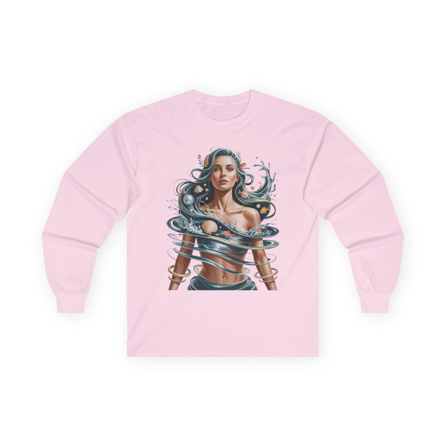 TEEZOCA abstract ocean inspired artwork unisex long-sleeve t-shirt Pink sweatshirt with a graphic design of a woman with blue hair and swirling elements on a white background.