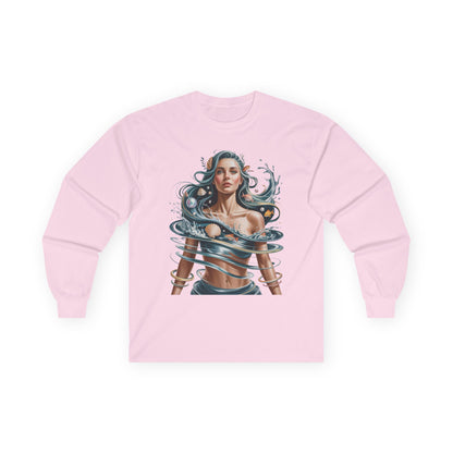TEEZOCA abstract ocean inspired artwork unisex long-sleeve t-shirt Pink sweatshirt with a graphic design of a woman with blue hair and swirling elements on a white background.