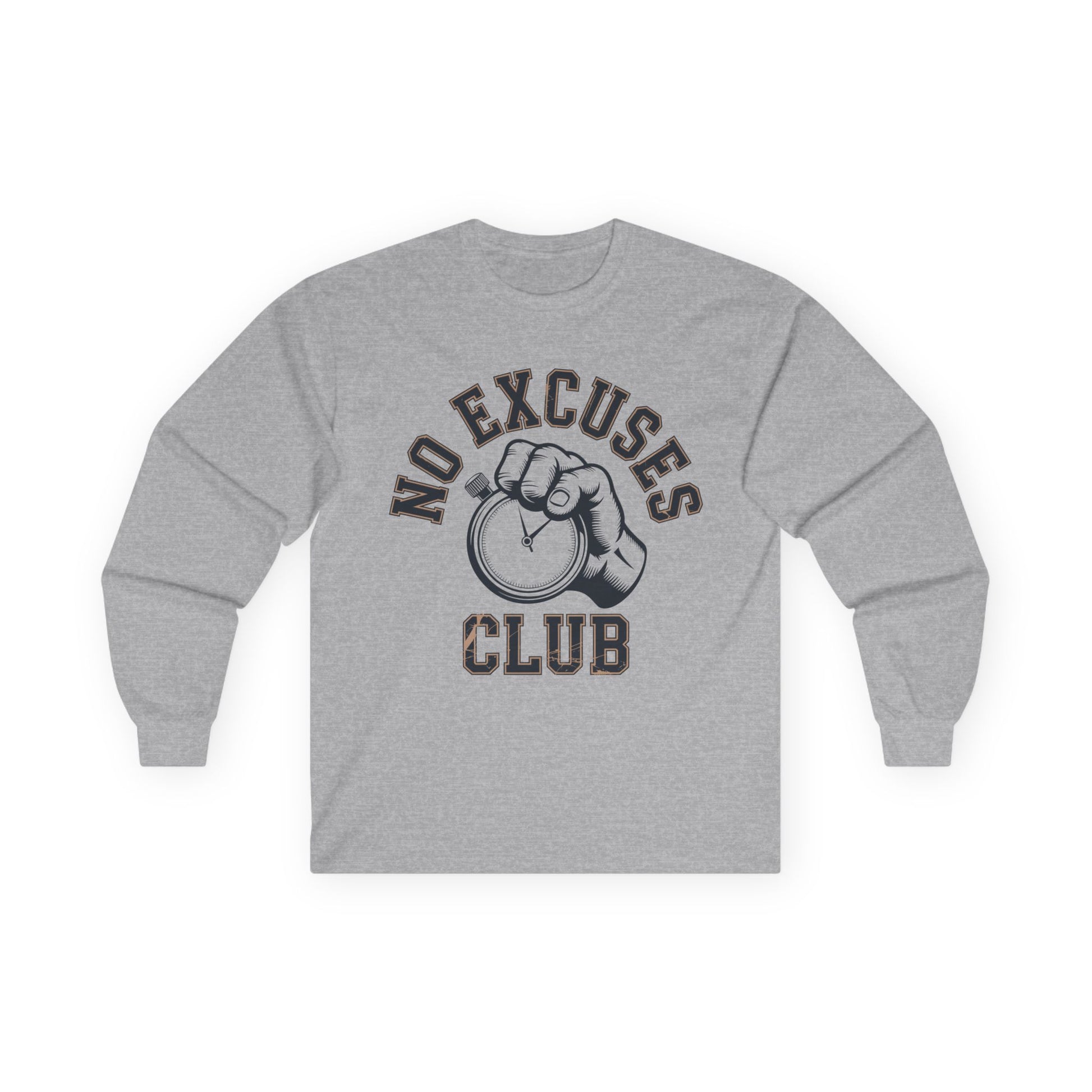 TEEZOCA accountability quote unisex long-sleeve shirt Gray long-sleeve shirt with 'No Excuses Club' text and fist graphic on a white background