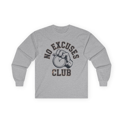 TEEZOCA accountability quote unisex long-sleeve shirt Gray long-sleeve shirt with 'No Excuses Club' text and fist graphic on a white background