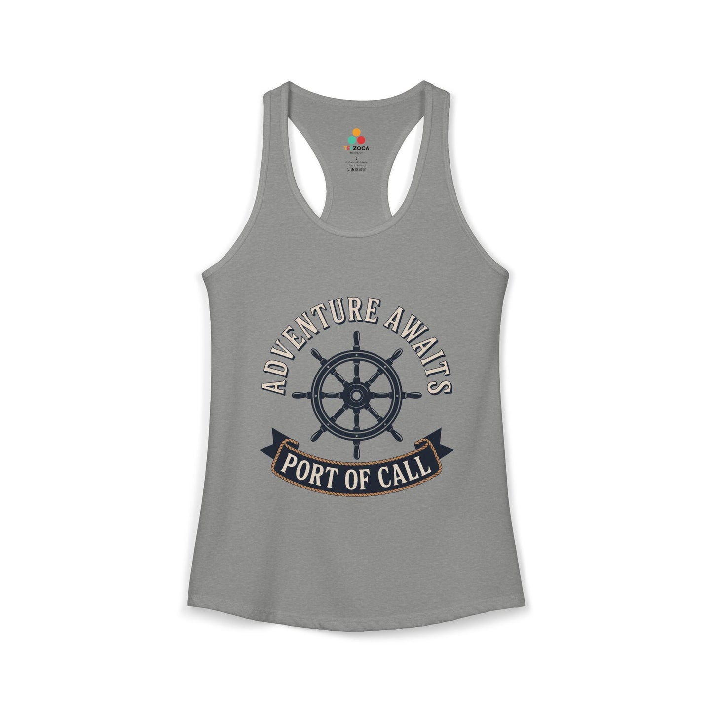 TEEZOCA adventure awaits port of call women’s tank top nautical sailing design Gray tank top with 'Adventure Awaits Port of Call' design on a white background