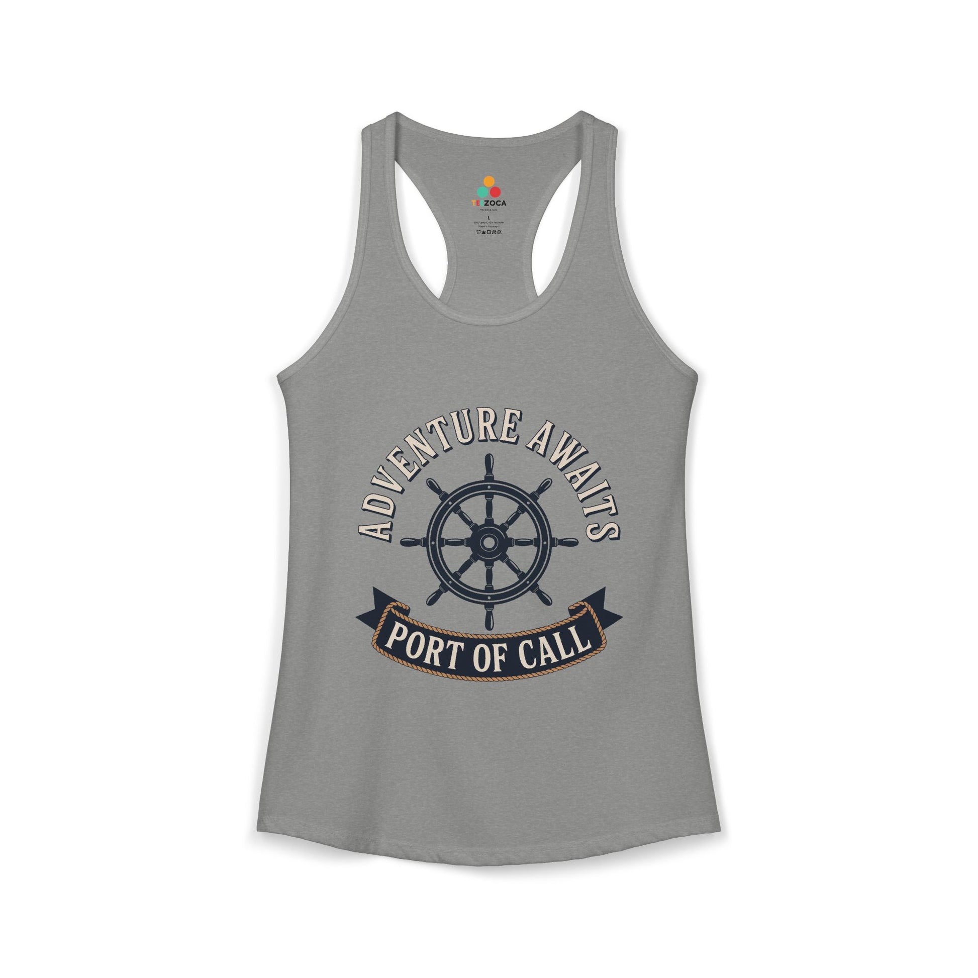 TEEZOCA adventure awaits port of call women’s tank top nautical sailing design Gray tank top with 'Adventure Awaits Port of Call' design on a white background