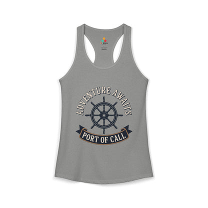 TEEZOCA adventure awaits port of call women’s tank top nautical sailing design Gray tank top with 'Adventure Awaits Port of Call' design on a white background