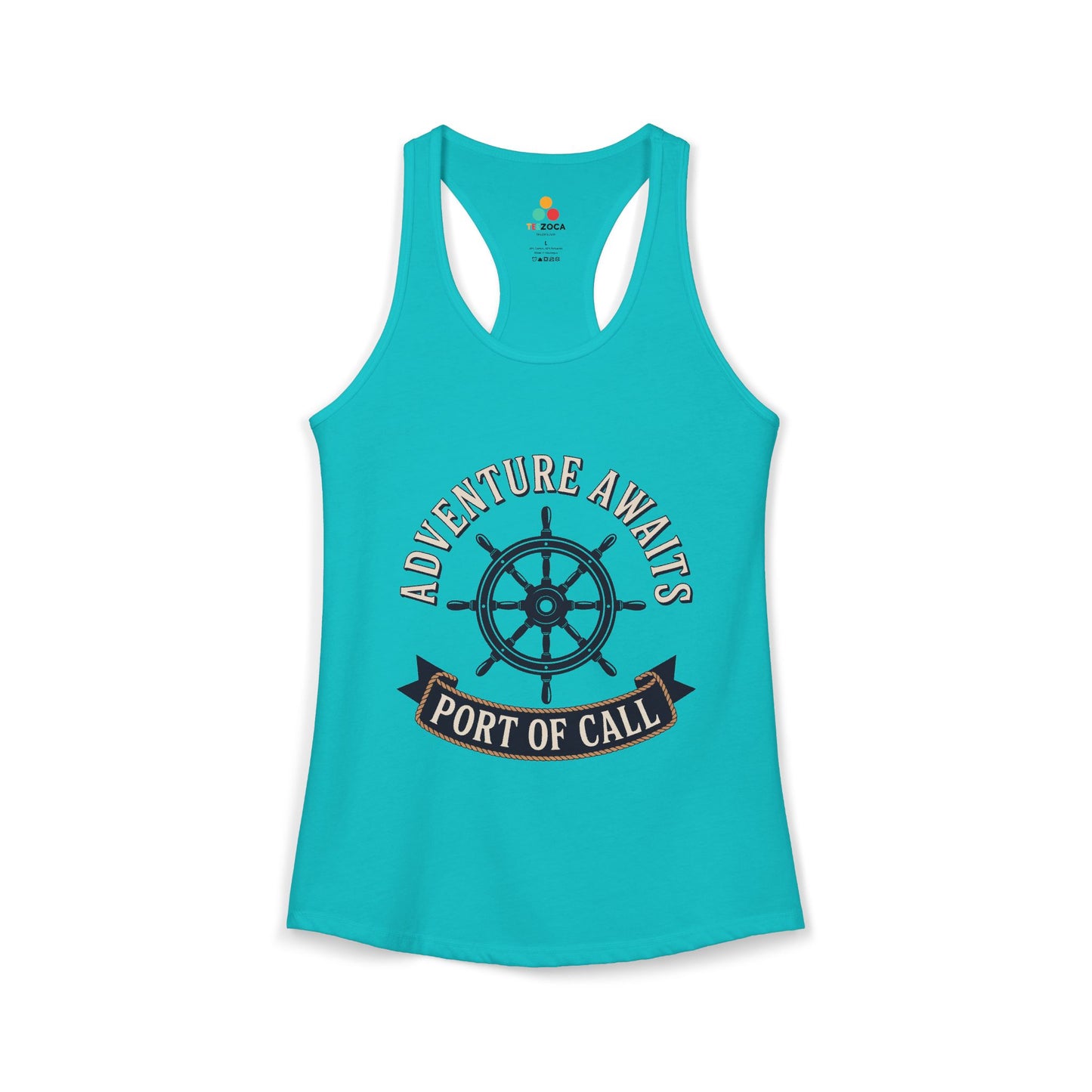 TEEZOCA adventure awaits port of call women’s tank top nautical sailing design Turquoise tank top with 'Adventure Awaits Port of Call' design on a white background