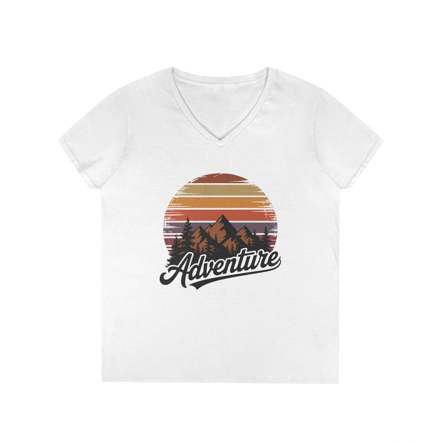 Adventure Retro Sunset Mountains V-Neck T-Shirt for Women | TEEZOCA 
