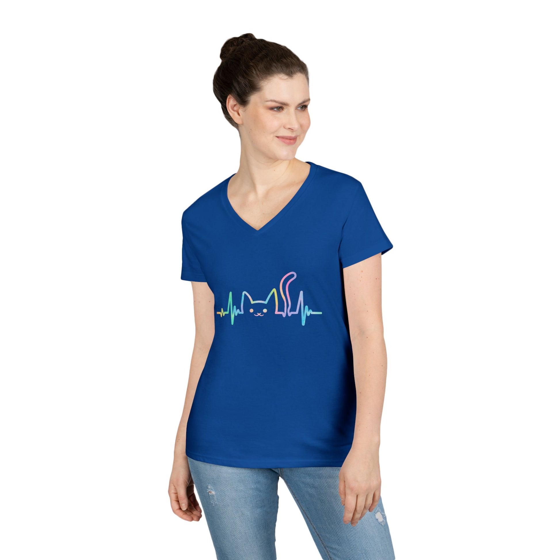 Cute Cat Heartbeat V-Neck T-Shirt Aesthetic Pet Lover Style Tee | TEEZOCA 