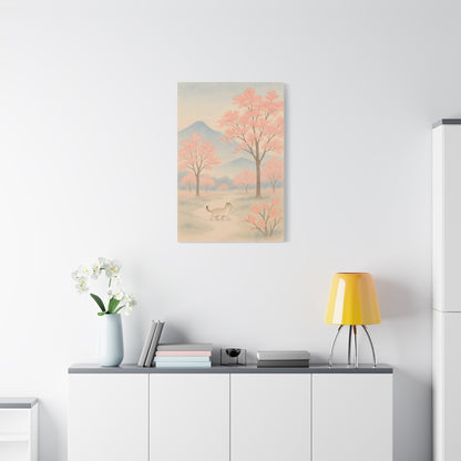 TEEZOCA aesthetic cat and sakura canvas framed on a white wall beside a small plant.