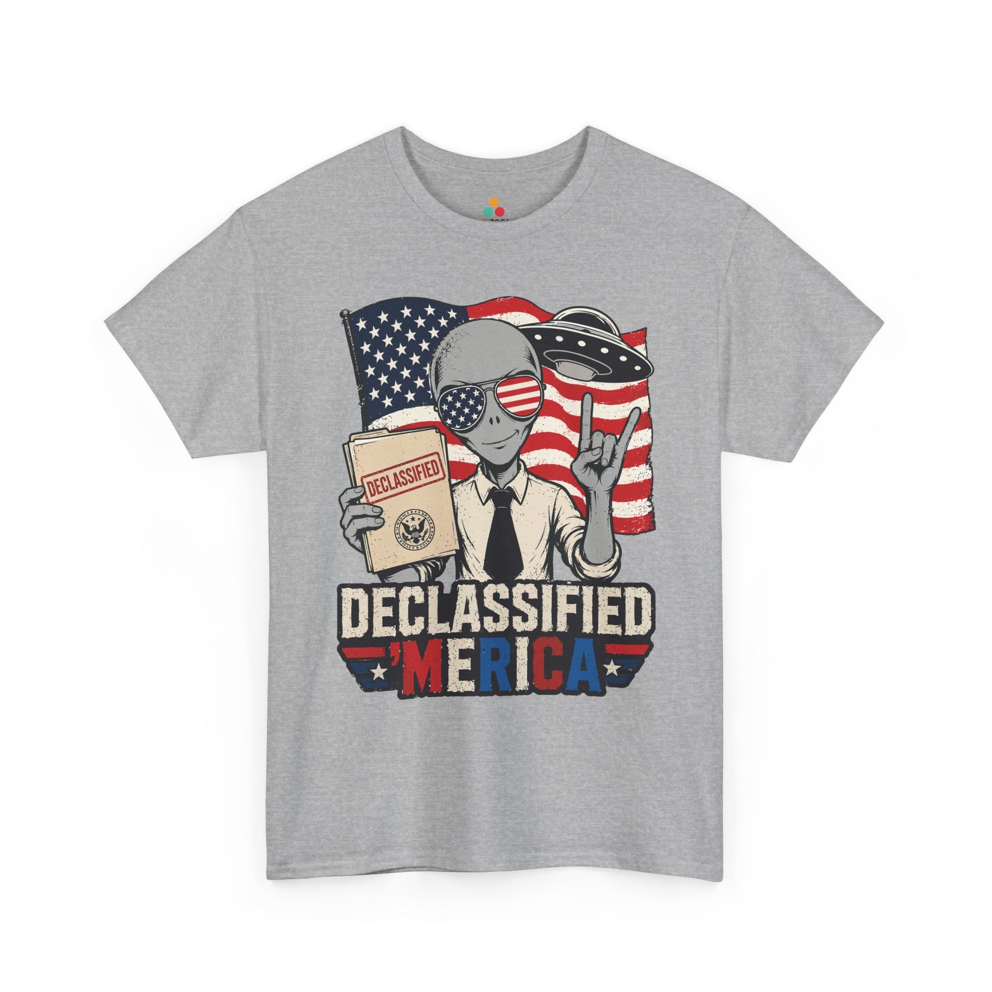 TEEZOCA alien shirt T-shirt showing a grey alien in flag sunglasses with a conspiracy theory shirt style.
