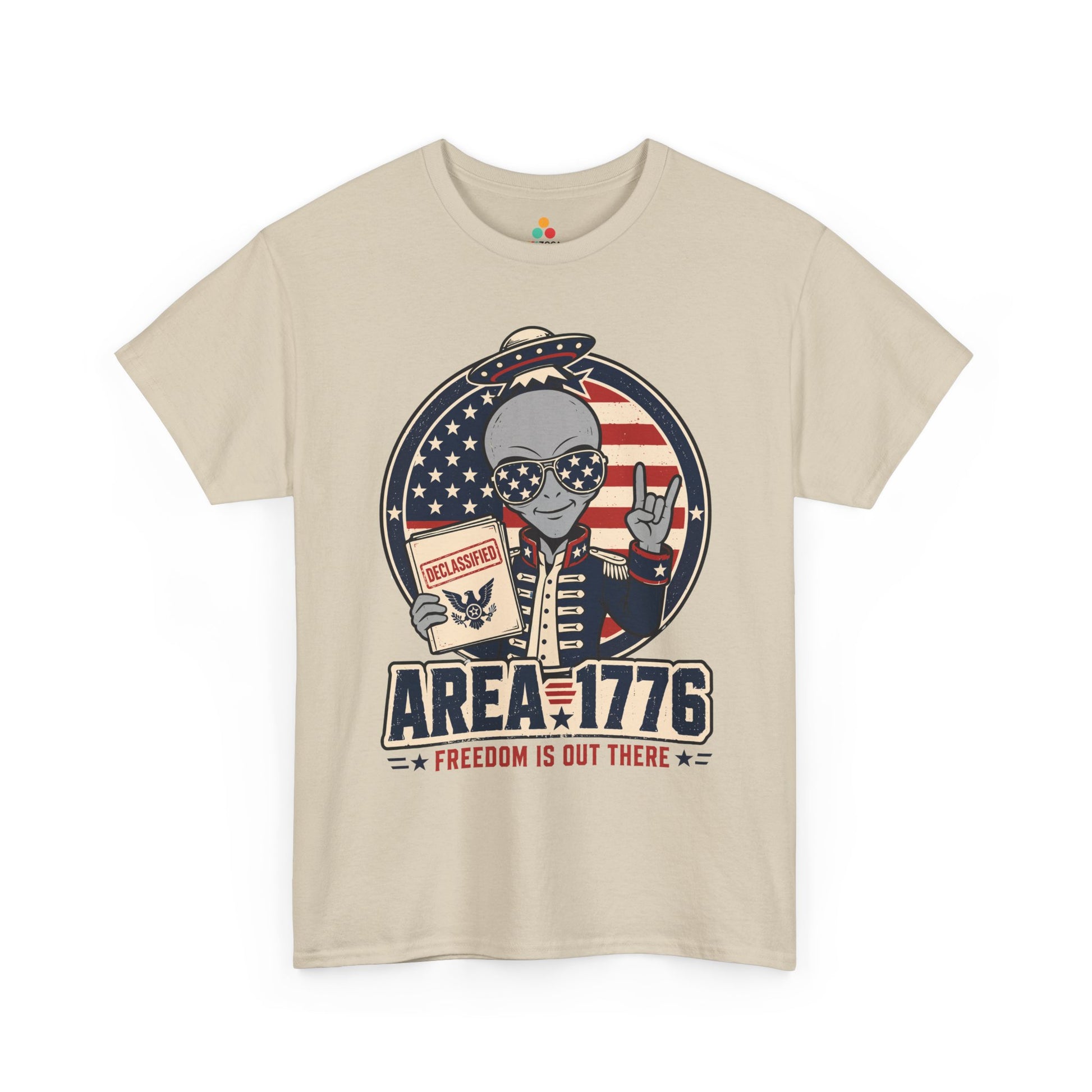 TEEZOCA alien shirt T-shirt with patriotic Area 1776 design, star sunglasses, UFO artwork, and Independence Day humor.
