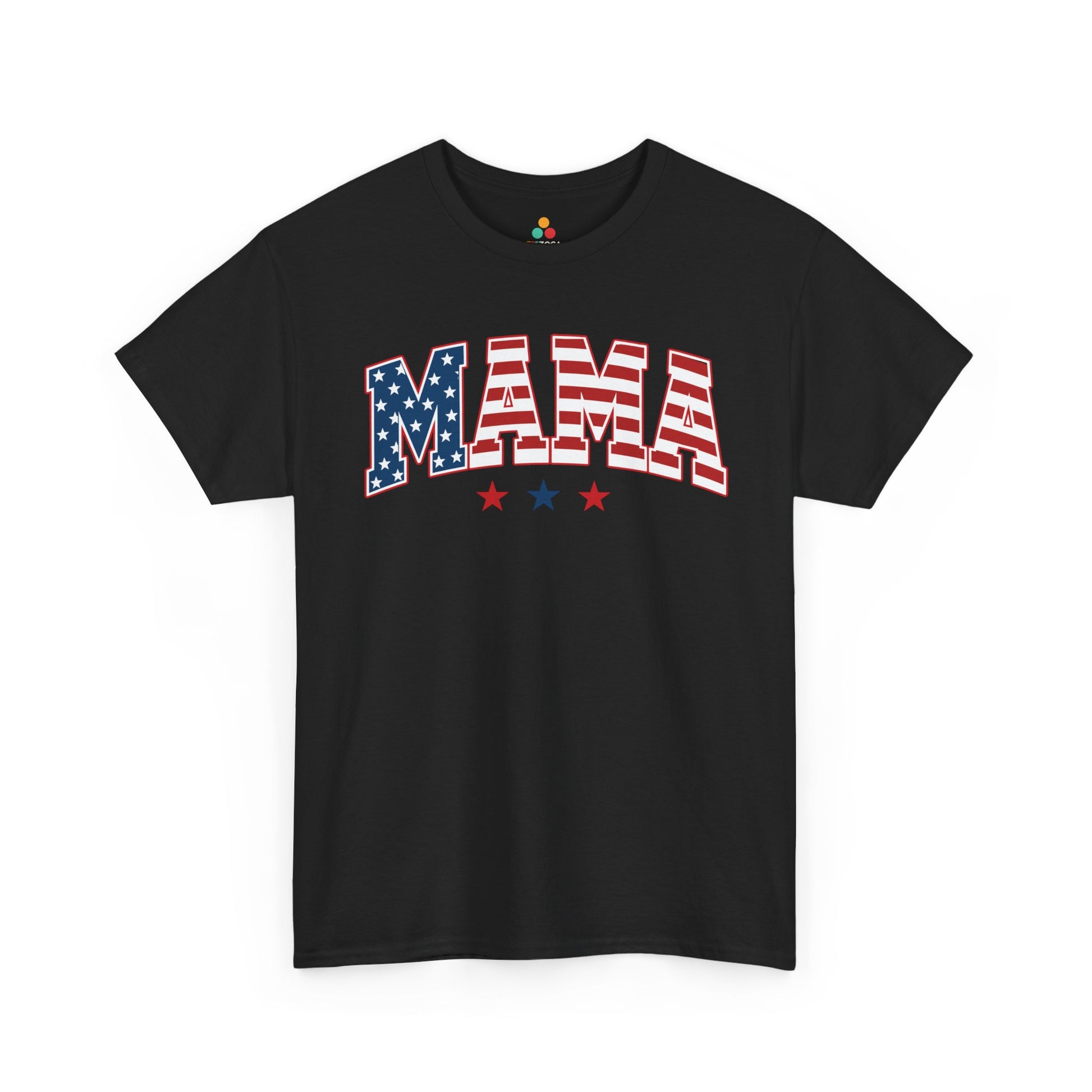 TEEZOCA all american mama shirt T-shirt featuring bold flag-print MAMA lettering and three red white and blue stars.
