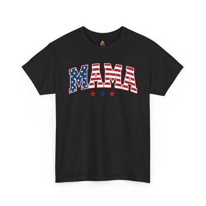 TEEZOCA all american mama shirt T-shirt featuring bold flag-print MAMA lettering and three red white and blue stars.
