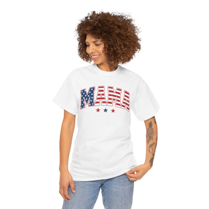 TEEZOCA all american mama shirt t-shirt with MAMA letters filled with American flag stars, red stripes, and patriotic accents.

