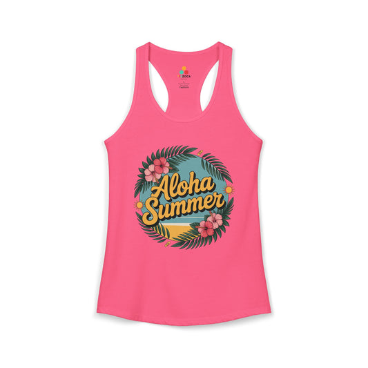 TEEZOCA aloha summer women’s tank top with tropical flowers and palm leaves Pink tank top with 'Aloha Summer' design on a white background