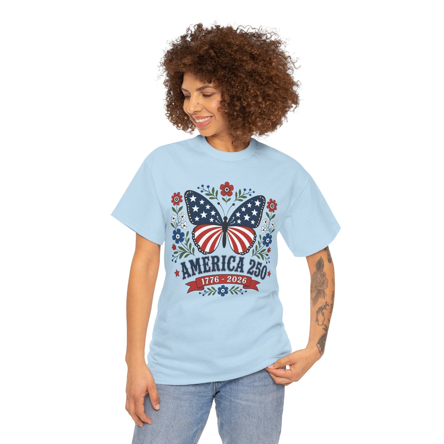 TEEZOCA america 250 shirt t-shirt featuring American flag butterfly art, wildflower accents, and bold America 250 lettering.

