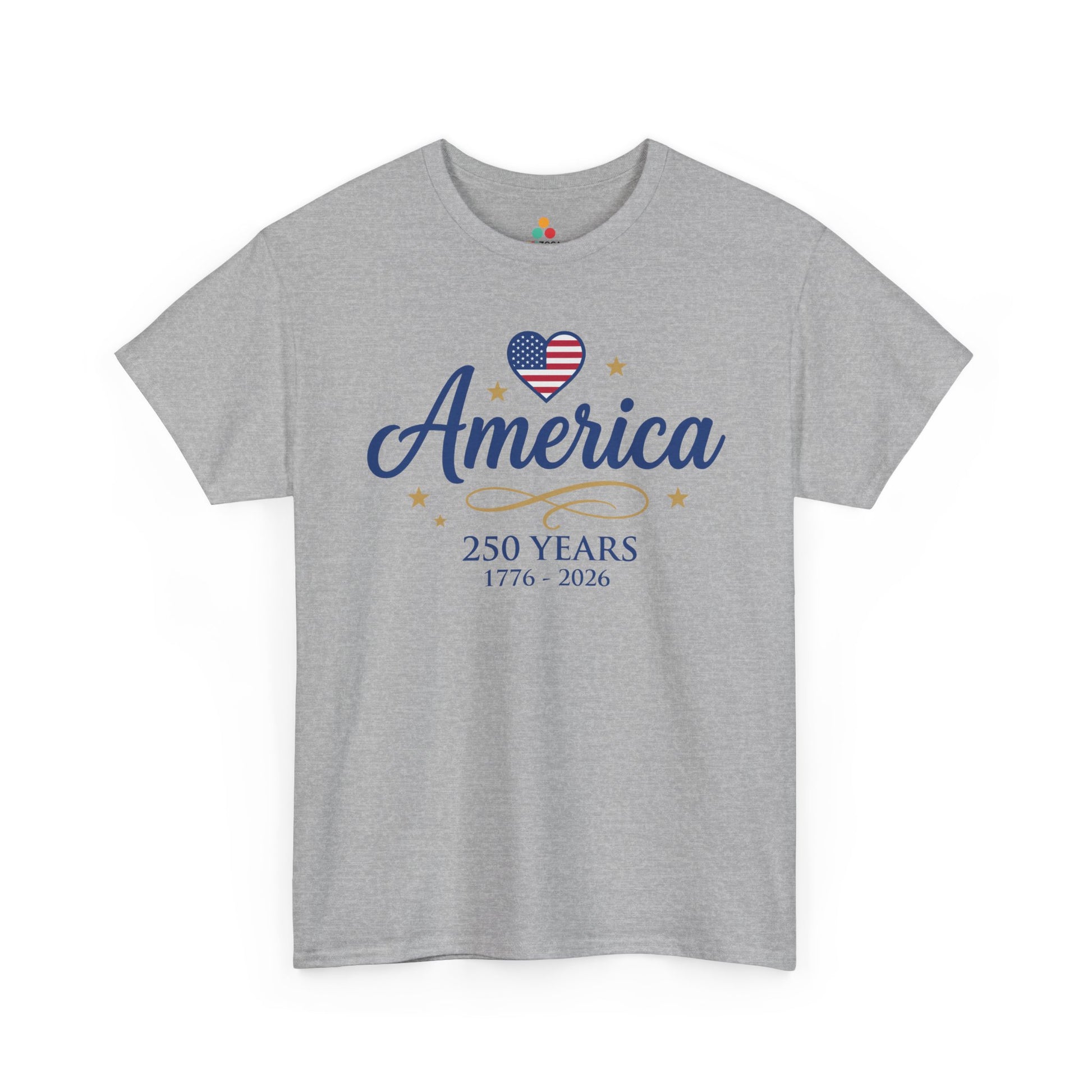 TEEZOCA america 250 shirt t-shirt showing a patriotic heart shirt design with America script and 1776 2026 commemorative dates.
