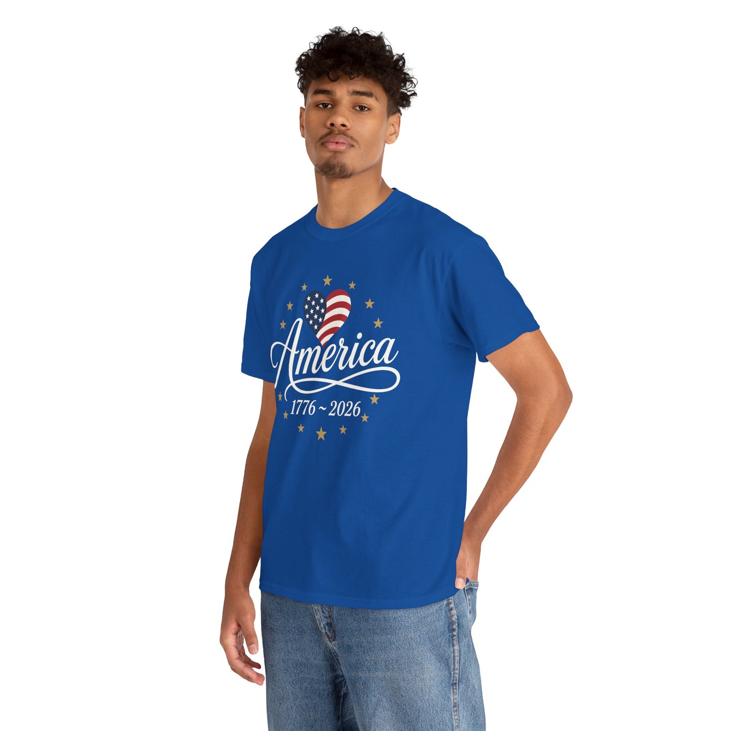 TEEZOCA american heart shirt T-shirt with American flag heart, cursive America script, gold star ring, and 1776 2026 detail.

