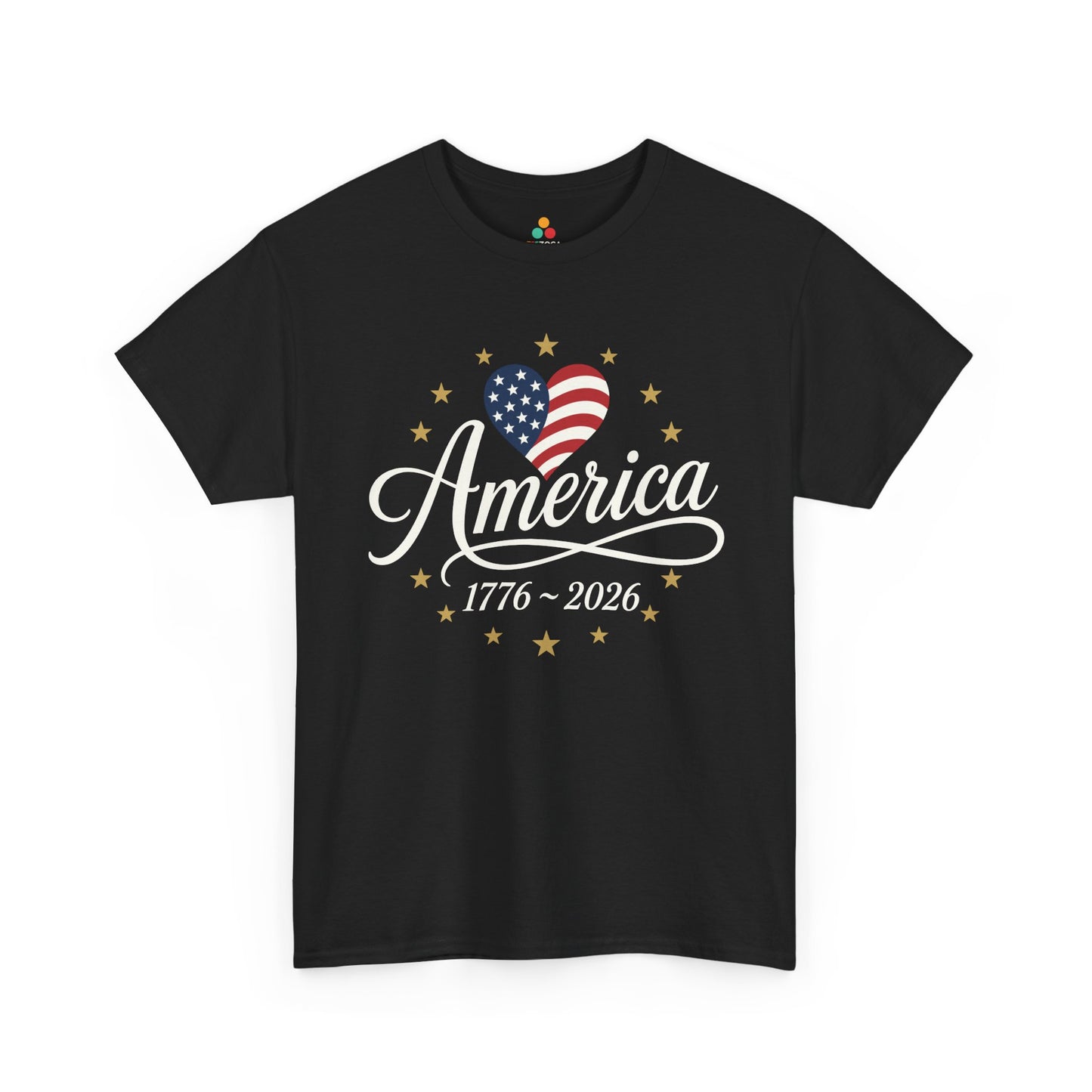 TEEZOCA american heart shirt t-shirt featuring a patriotic flag heart, elegant cream script lettering, and gold stars.
