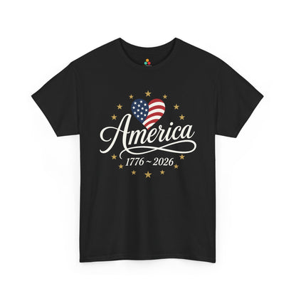 TEEZOCA american heart shirt t-shirt featuring a patriotic flag heart, elegant cream script lettering, and gold stars.
