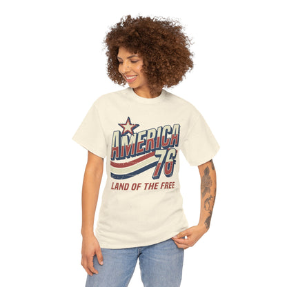 TEEZOCA american vintage t shirt T-shirt featuring oversized America 76 artwork, navy shadows, muted red accents, and vintage texture.
