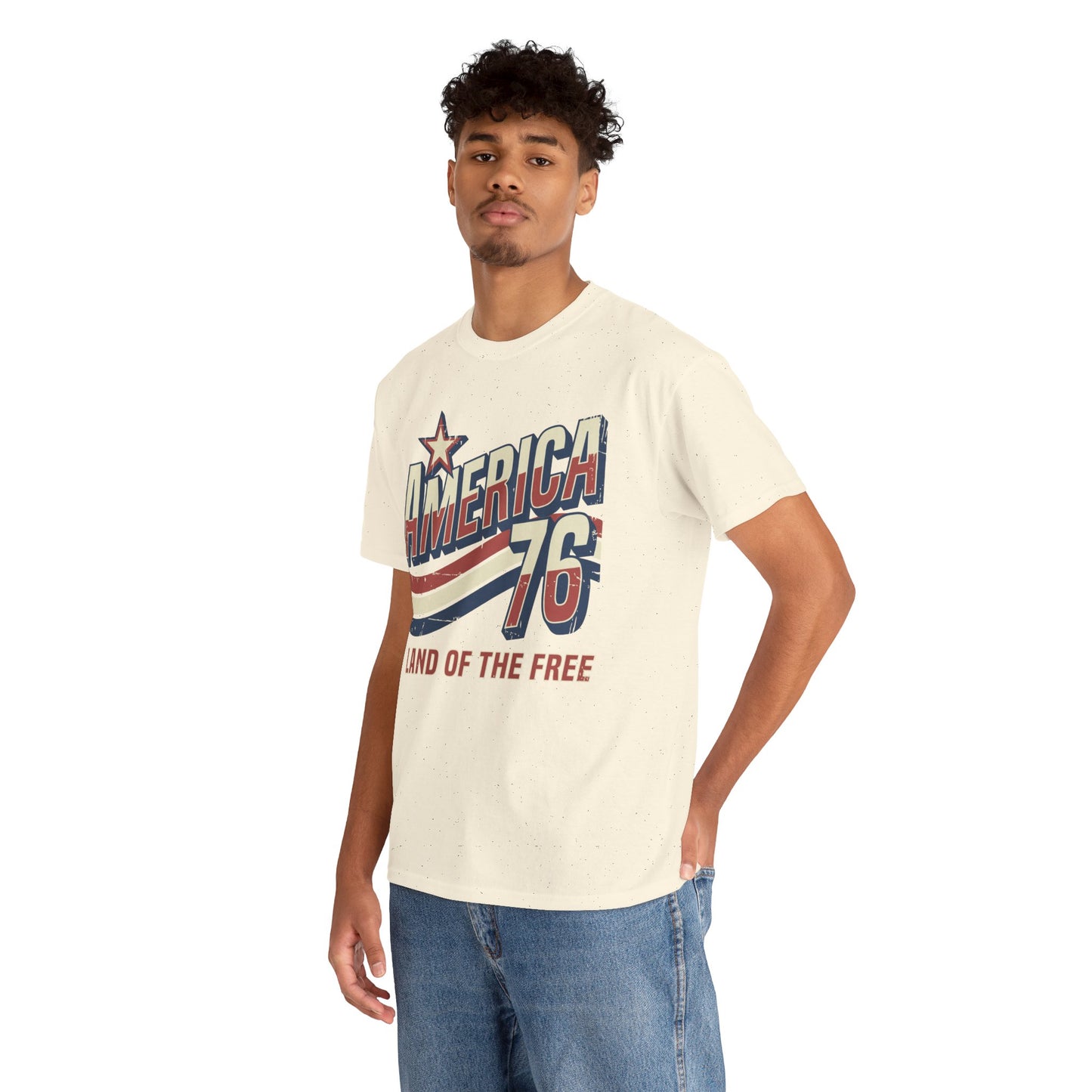 TEEZOCA american vintage t shirt T-shirt with retro America 76 lettering, star graphic, Land of the Free text, and distressed stripes.
