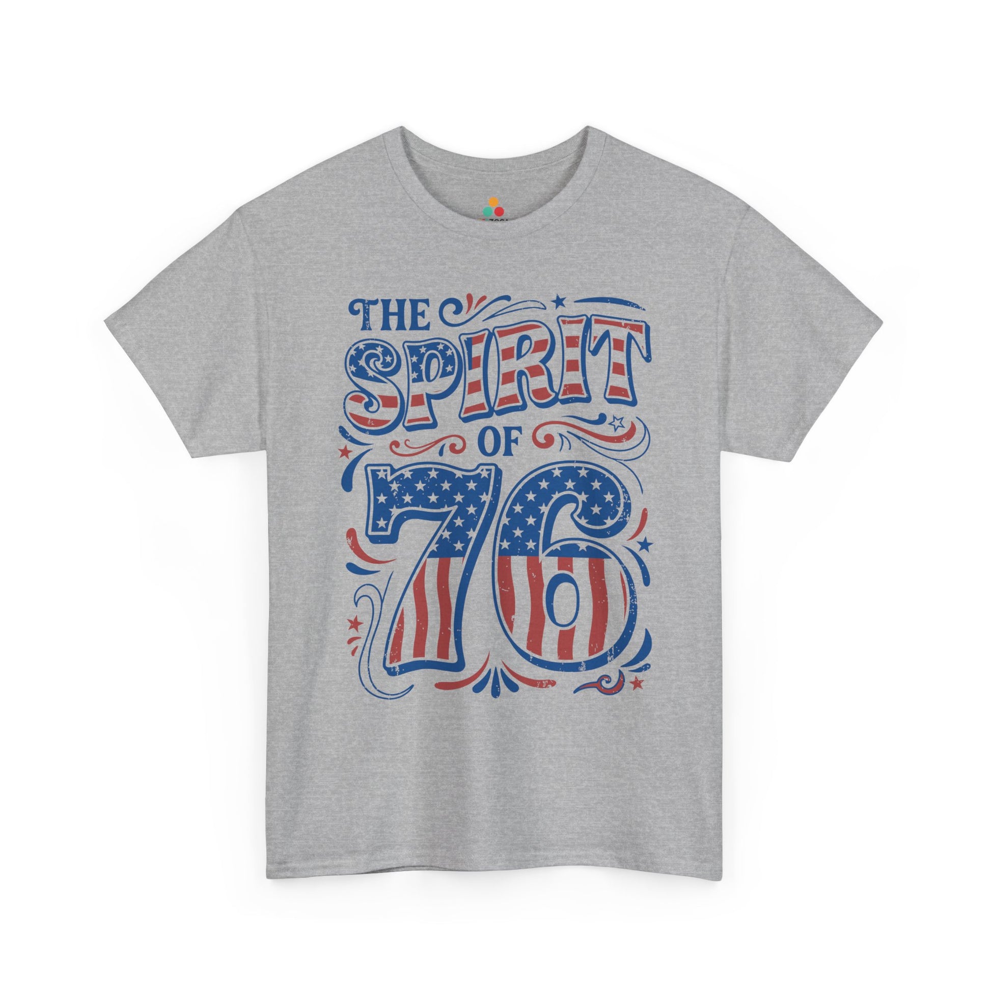 TEEZOCA americana graphic tee T-shirt showing distressed Spirit of America artwork with stars, stripes, and retro patriotic style.
