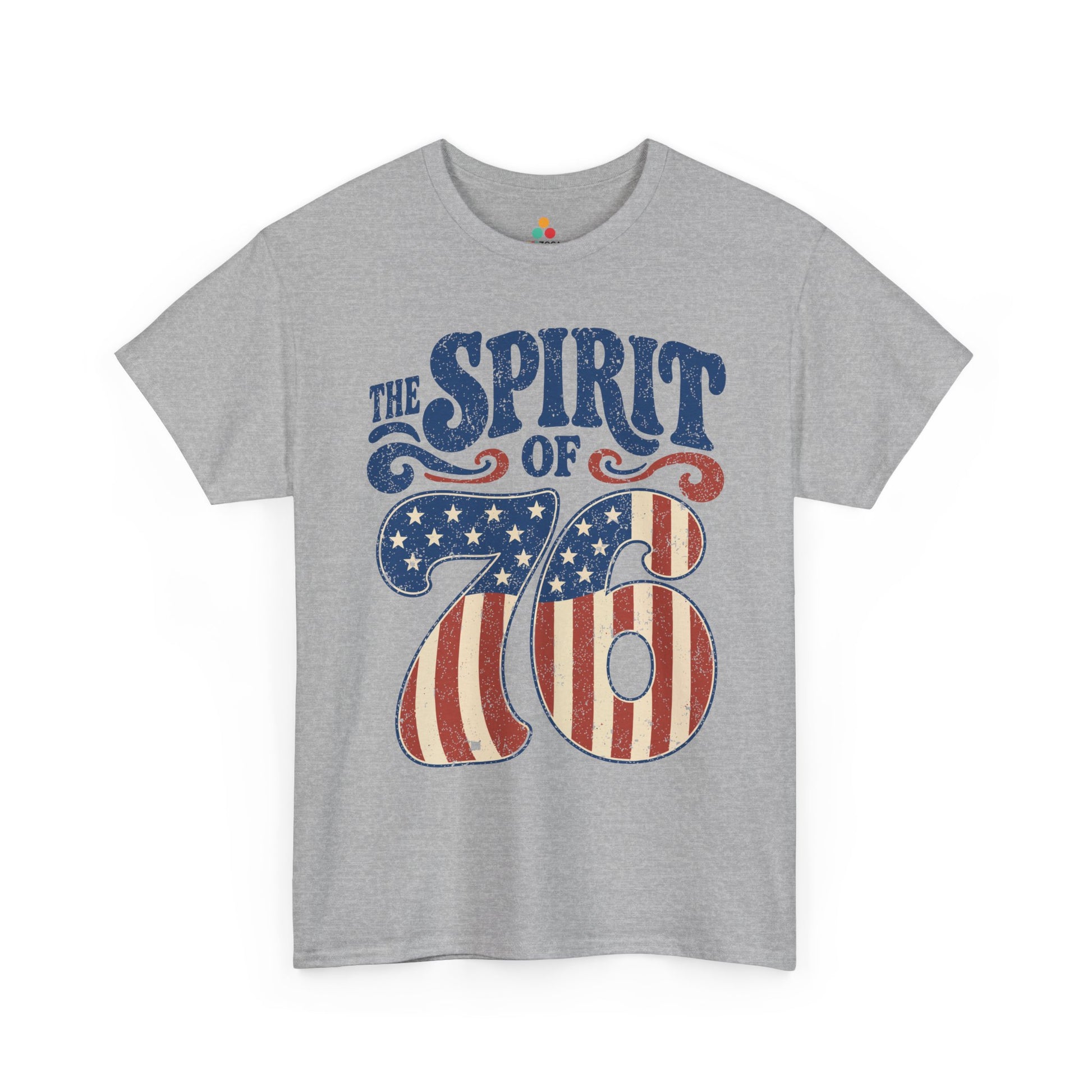 TEEZOCA americana graphic tee shirt showing distressed 76 numbers, old-fashioned patriotic scrollwork, and red white blue detail.
