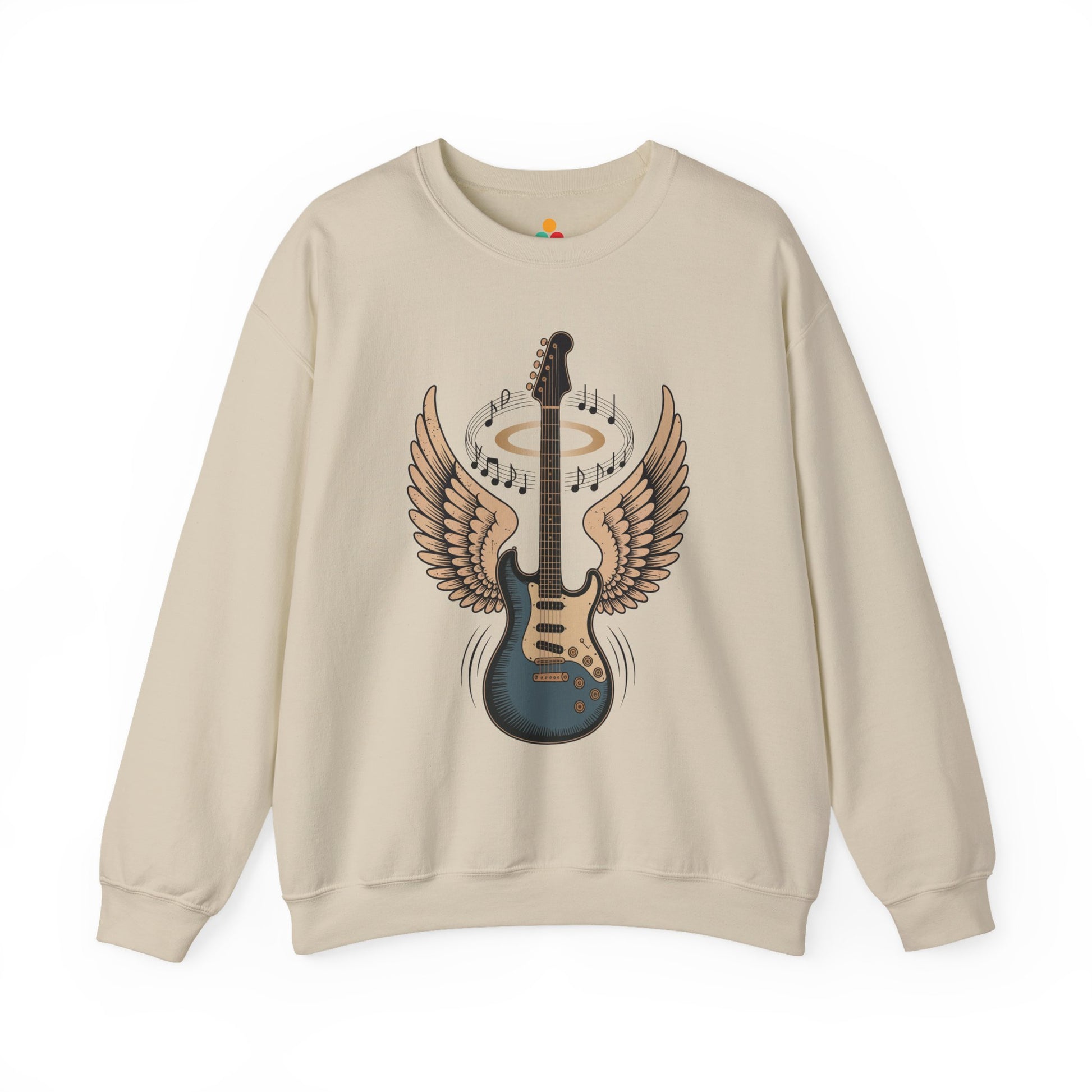 TEEZOCA angel wing guitar sweatshirt with halo rock music design Beige sweatshirt with a guitar design featuring wings and music notes on a white background