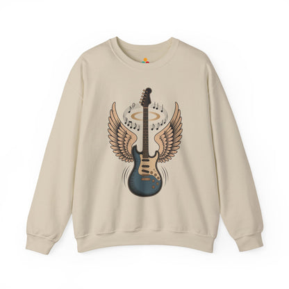 TEEZOCA angel wing guitar sweatshirt with halo rock music design Beige sweatshirt with a guitar design featuring wings and music notes on a white background