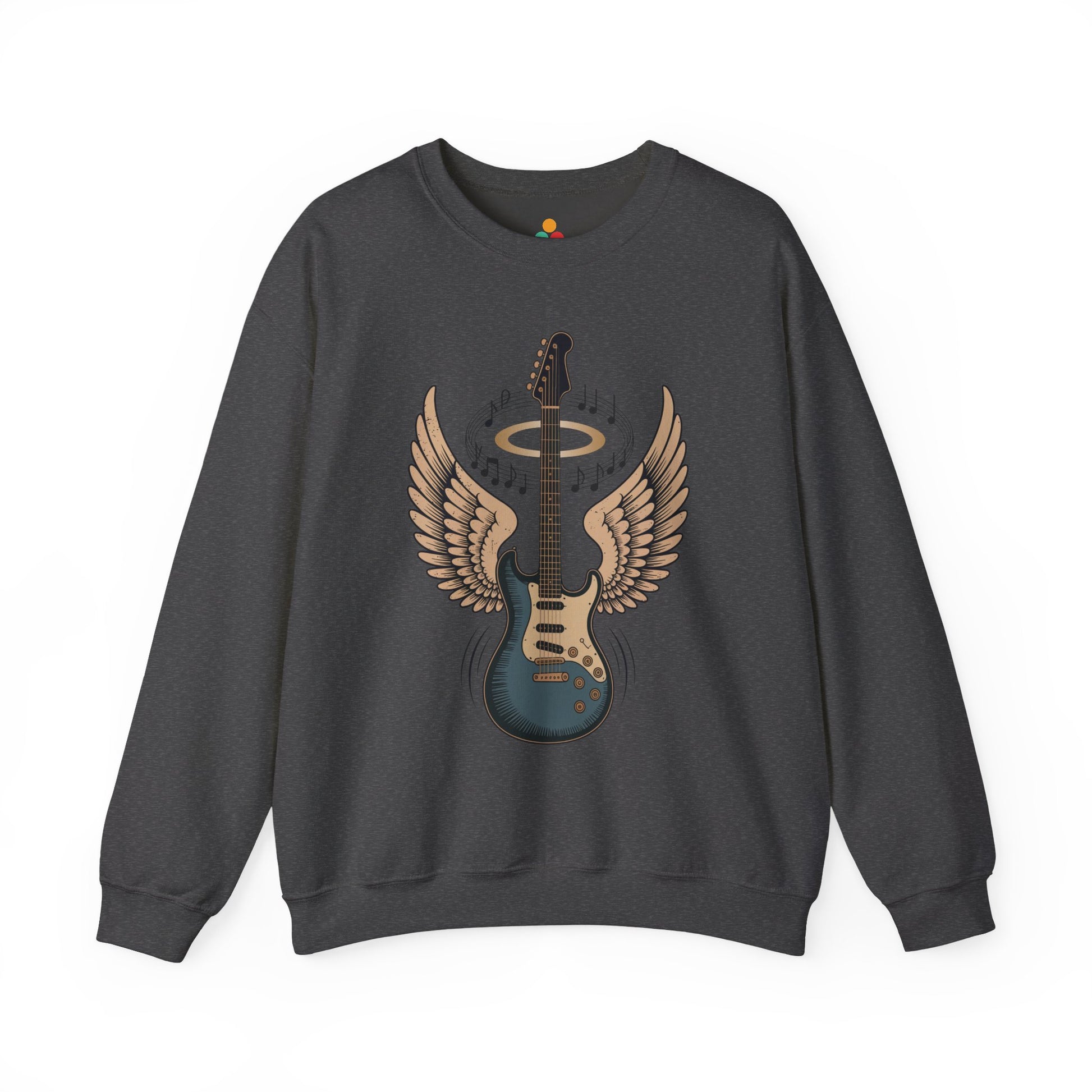 TEEZOCA angel wing guitar sweatshirt with halo rock music design Dark gray sweatshirt with a guitar design featuring wings on a white background