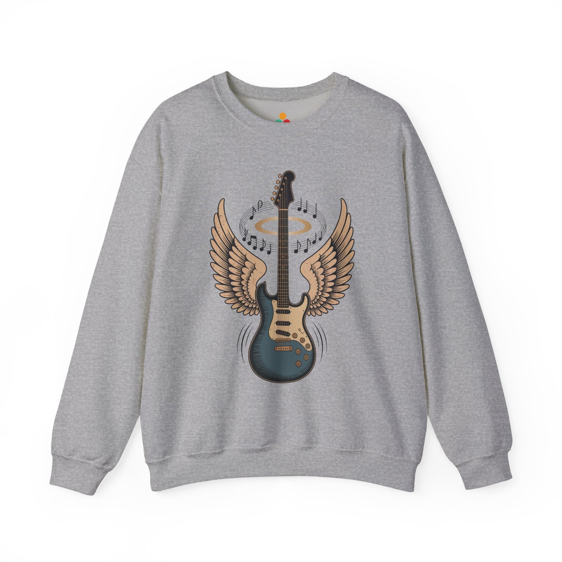 TEEZOCA angel wing guitar sweatshirt with halo rock music design Gray sweatshirt with a guitar design featuring wings and musical notes on a white background