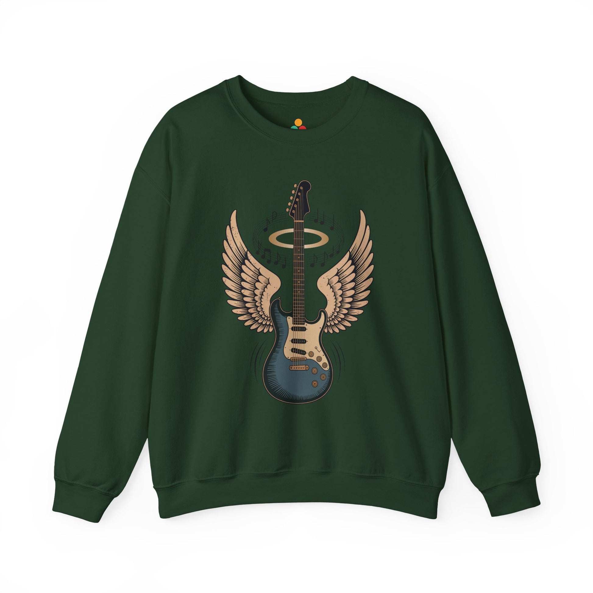 TEEZOCA angel wing guitar sweatshirt with halo rock music design Green sweatshirt with a guitar design on a white background