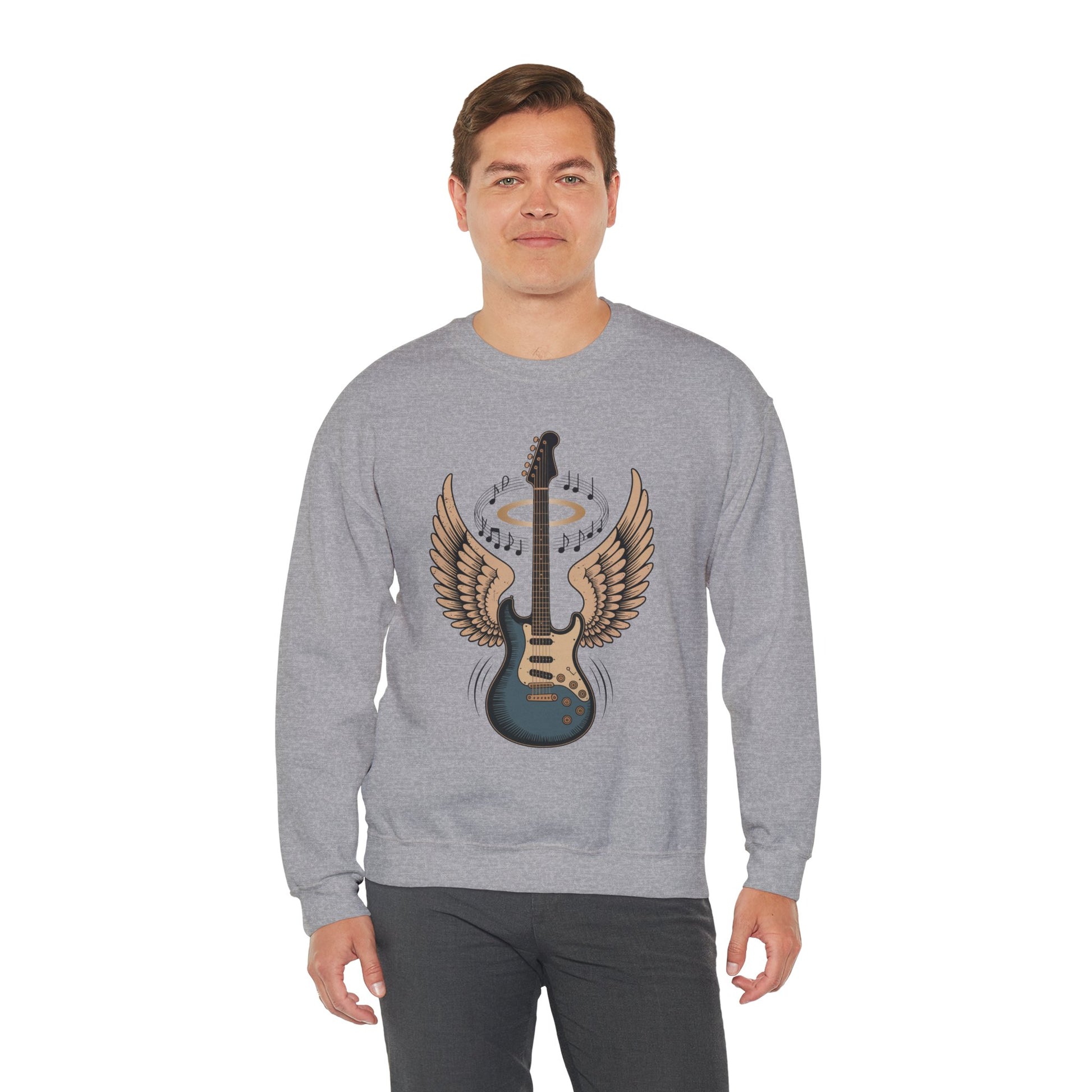 TEEZOCA angel wing guitar sweatshirt with halo rock music design Man wearing a gray sweatshirt with a guitar design on a white background