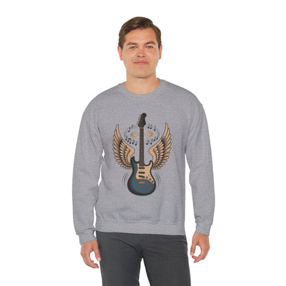 TEEZOCA angel wing guitar sweatshirt with halo rock music design Man wearing a gray sweatshirt with a guitar design on a white background