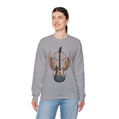 TEEZOCA angel wing guitar sweatshirt with halo rock music design Person wearing a gray sweatshirt with a guitar design on a white background
