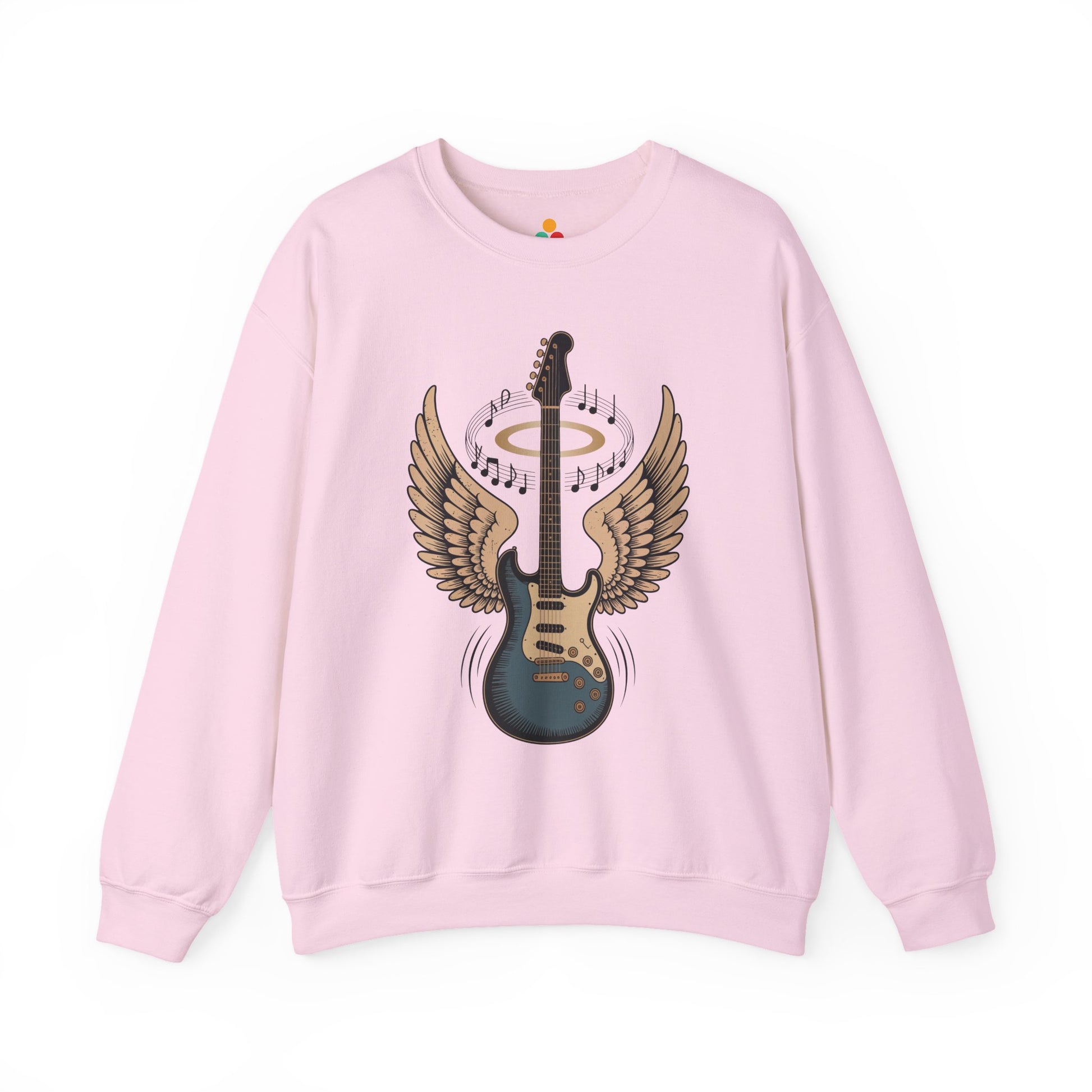 TEEZOCA angel wing guitar sweatshirt with halo rock music design Pink sweatshirt with a guitar and wings design on a white background
