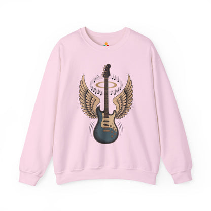 TEEZOCA angel wing guitar sweatshirt with halo rock music design Pink sweatshirt with a guitar and wings design on a white background