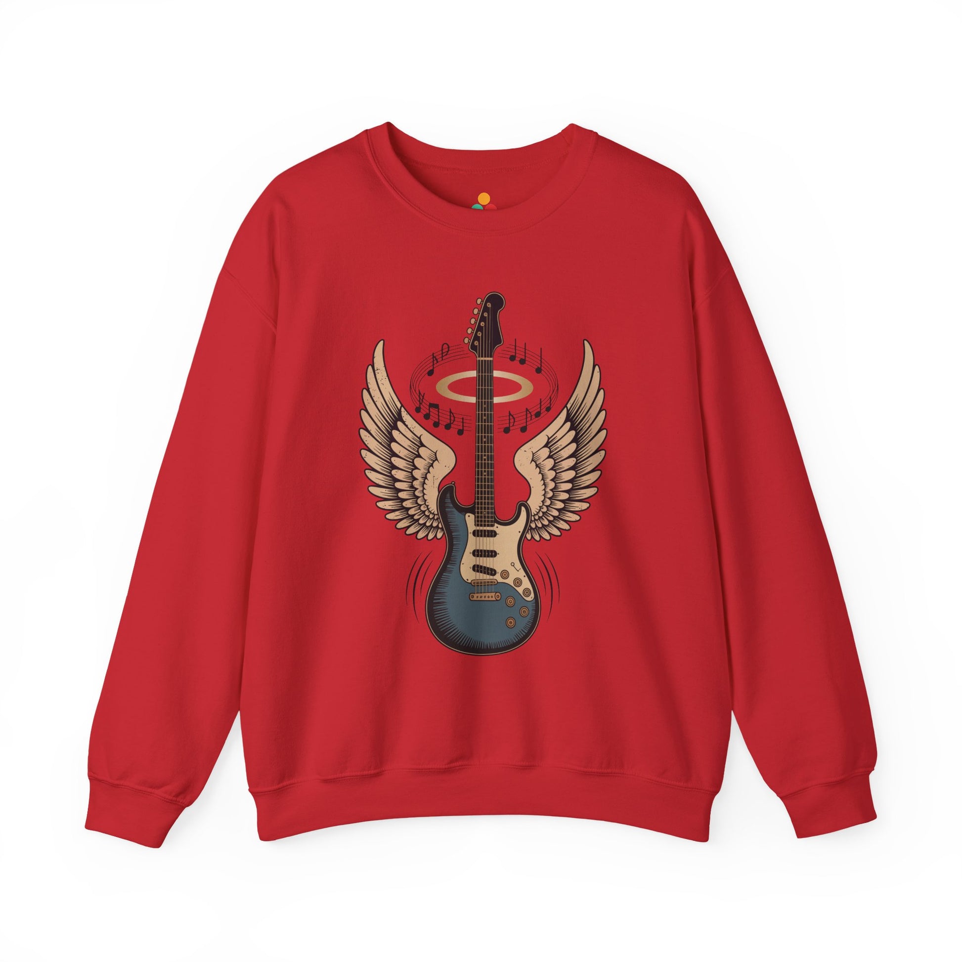 TEEZOCA angel wing guitar sweatshirt with halo rock music design Red sweatshirt with a guitar design featuring wings and music notes on a white background