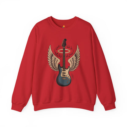 TEEZOCA angel wing guitar sweatshirt with halo rock music design Red sweatshirt with a guitar design featuring wings and music notes on a white background