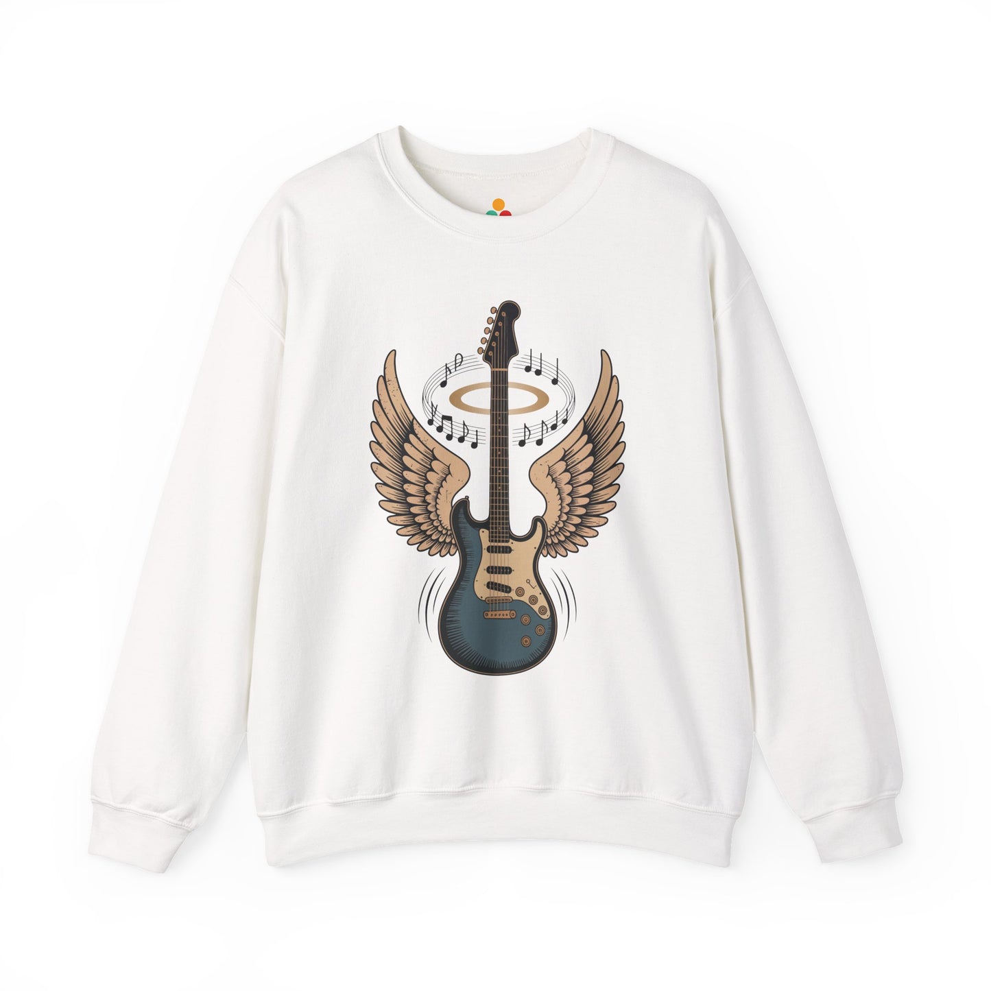 TEEZOCA angel wing guitar sweatshirt with halo rock music design White sweatshirt with a guitar design featuring wings and music notes on a white background