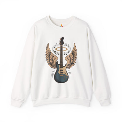 TEEZOCA angel wing guitar sweatshirt with halo rock music design White sweatshirt with a guitar design featuring wings and music notes on a white background