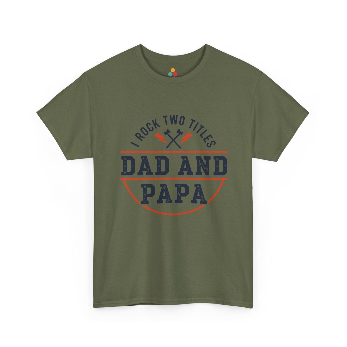 TEEZOCA army green “Dad and Papa” bold text tee shown flat.